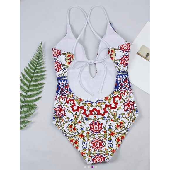 Yellow Floral Plunging-Front One-Piece - Picture 3 of 4